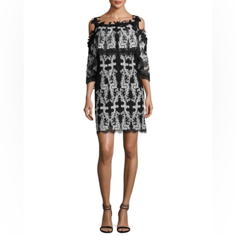 Kobi Halperin Reanna Cold-Shoulder Lace-Trim Popover Dress, Black/White.